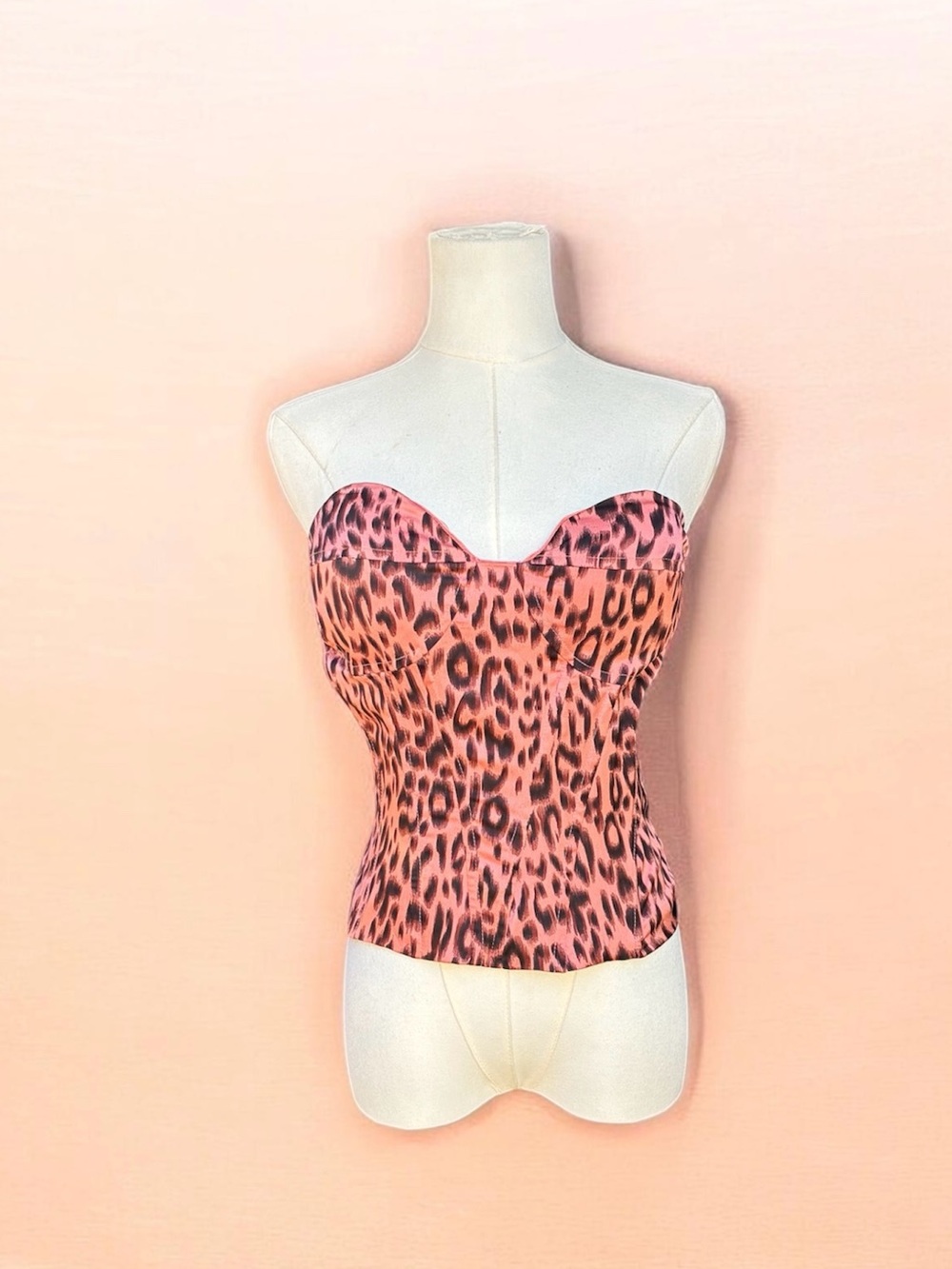 PrettyLittleThing Pink Orange Leopard Print Strapless Bustier Top